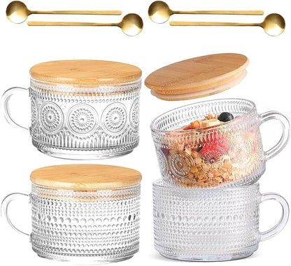 Overnight Oats Cups 4pcs Vintage Glass Coffee Mugs Embossed Tea Cup Set | by Fashionstorm