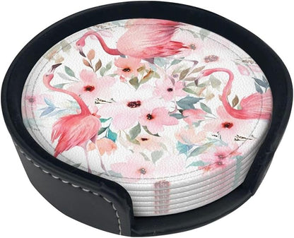 6 Pcs Watercolor Flamingo Tropical Floral Leaves Leather Coasters - Image 5