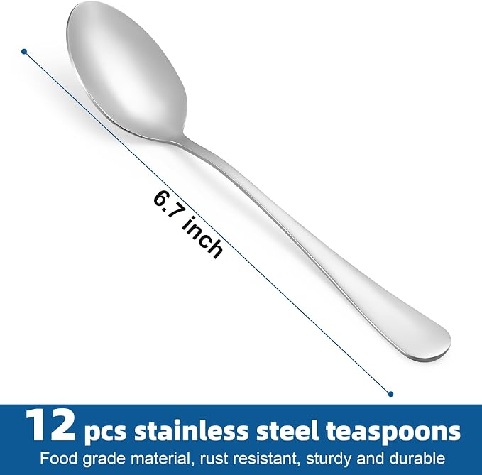 12 Pcs Teaspoons Set, Food-Grade Stainless Steel Spoons Silverware, Cutlery Tea - Image 2