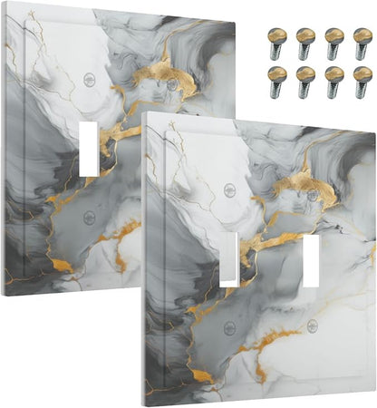 Decorative Light Switch Cover Gray/Gold Marble Abstract Modern Luxury 2 Gang Wall Plate Double Toggle Switch Plate Receptacle Electrical Outlet Cover Switchplate for Bathroom Bedroom（2 Pack）