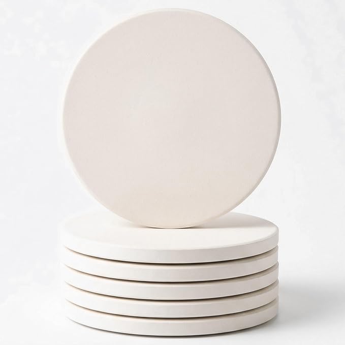 Beige-White Stoneware Coasters Set of 6 Water Absorbing Drink Coasters by Unknown