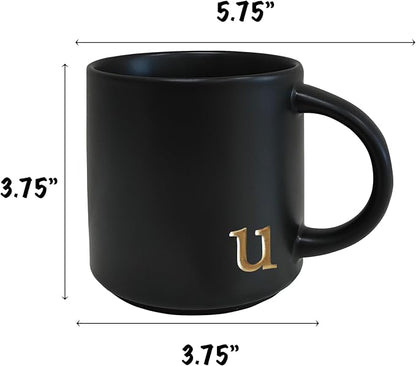 COLLECTIVE HOME Black Ceramic Coffee Mug, 15 oz Golden Monogram Tea Cup | - Image 4