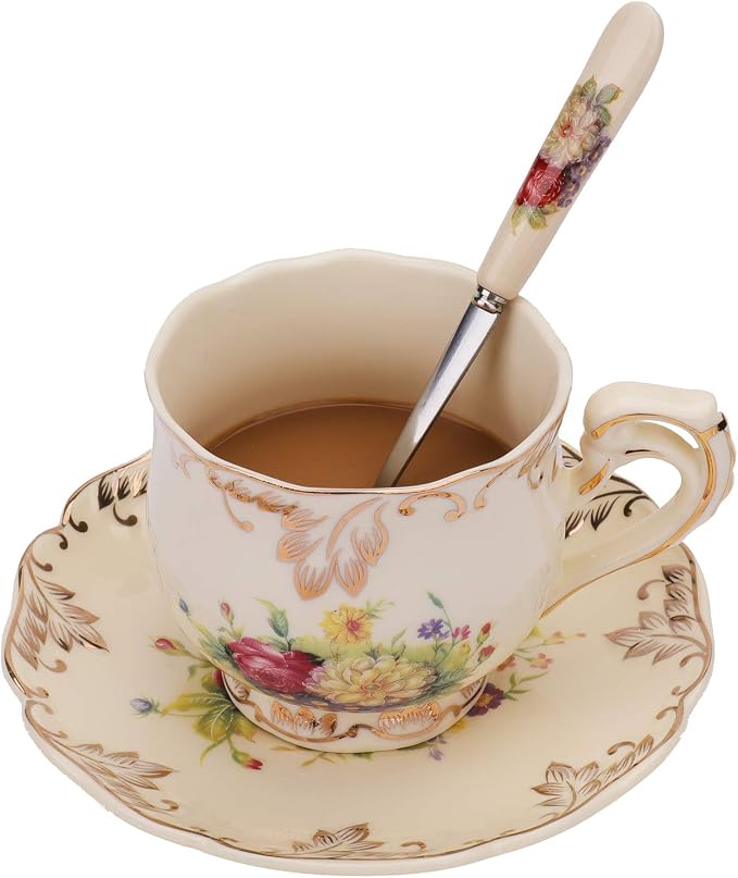 Foraineam Set of 2 Tea Cup and Saucer, 8 oz. Flowering Shrubs Ivory Ceramic - Image 2