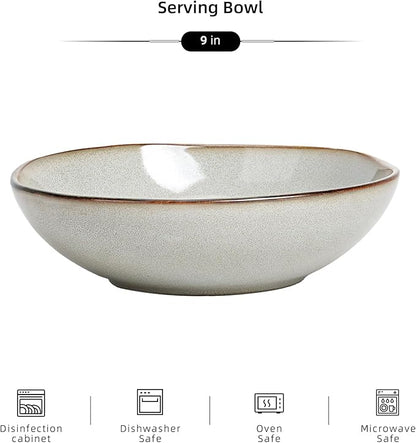 Organic Shape Highland Ceramic Serving Bowl, 6pcs 9 Inch Handmade Reactive Glaze Bowl 40oz with Wavy Edge, for Kitchen, Microwave & Dishwasher Safe, Scratch Resistant-grey