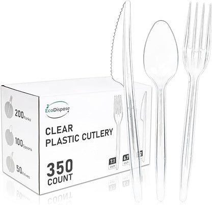 EcoDispose 350 Count Plastic Silverware, Heavy Duty Plastic 200 Forks. 100 Spoons, 50 Knives Disposable Utensils Cutlery Set for Party Supplies