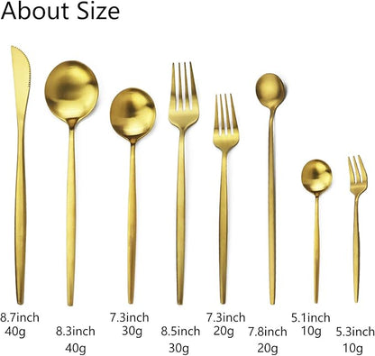 JASHII 32-Piece Tableware Set Stainless Steel Flatware Set with Coffee Spoon Long Handle Spoon Premium Cutlery Service for 4 Satin Finish Utensils for Home (Gold)