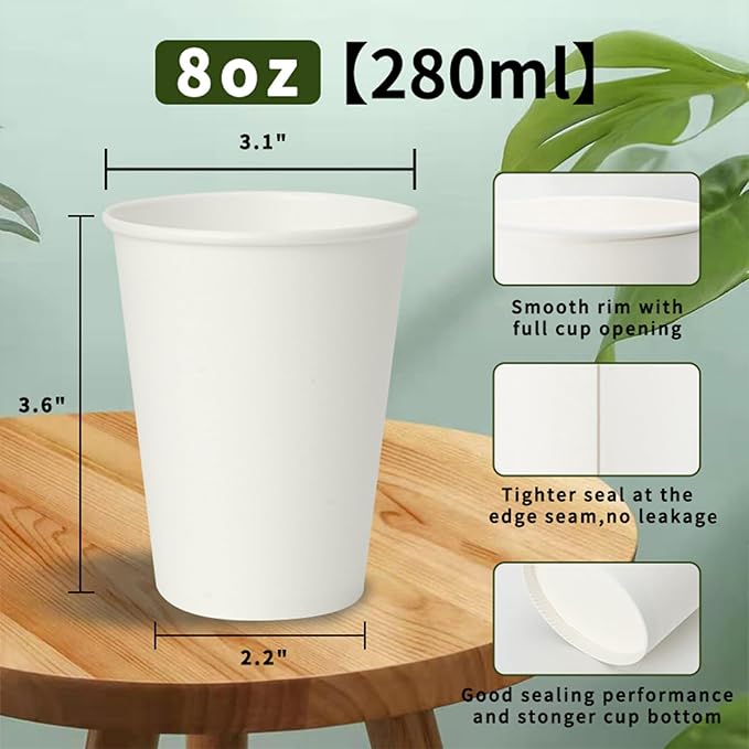 500 Pack Coffee Cups 8 oz White Disposable Paper Cups, Hot Beverage Drinking Cup for Parties, Travel, and Events