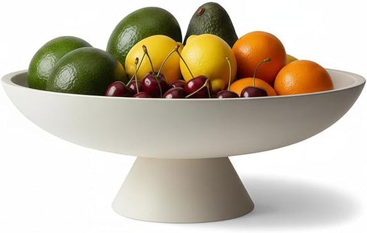 12" White Concrete Fruit Bowl - Modern Minimalist Concrete Decorative Bowl for Kitchen Counter, Living Room Coffee Table Storage