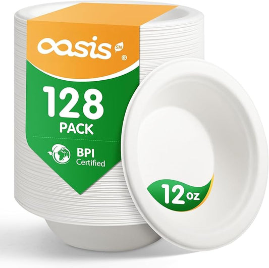 𝟭𝟮 𝗼𝘇, 𝟭𝟮𝟴-𝗣𝗮𝗰𝗸 Compostable Paper Bowls, Heavy-Duty Biodegradable Disposable Bowls Made from Bagasse, Eco-Friendly, Microwave & Freezer Safe (White)