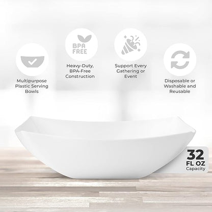 Posh Setting - White Plastic Serving Bowls for Party (32oz - 4 Pack) Square Bowls, Disposable Chip Bowls, Candy Bowls for Party Table, Salad & Fruit Bowls for Party, Candy Containers for Candy Buffet