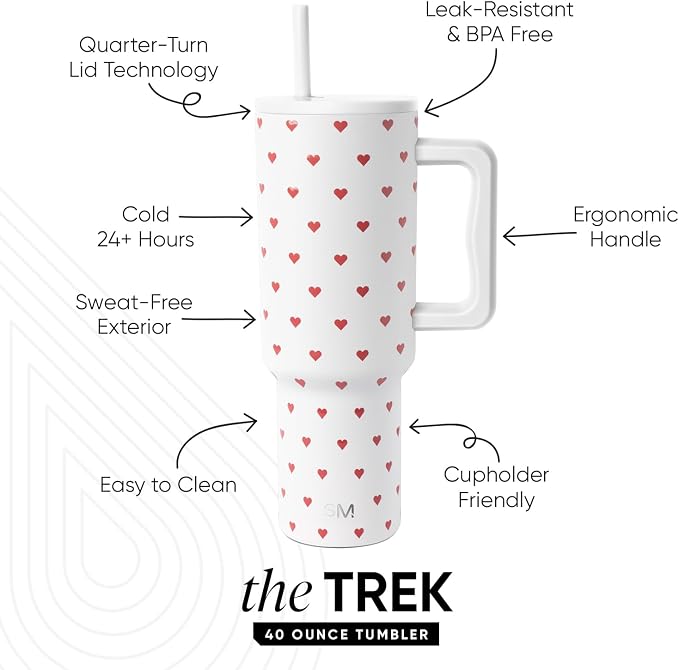 Simple Modern Tumbler with Handle and Straw | 40oz | Hearts | Trek Tumbler - Image 2