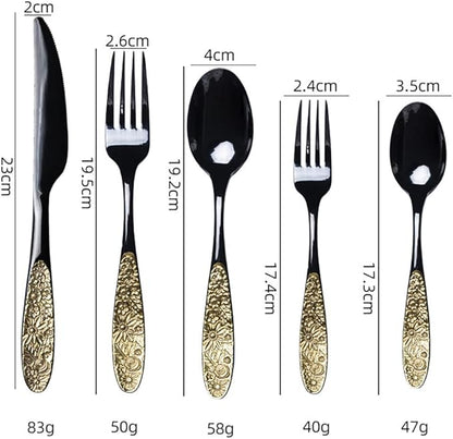 TWEE Black Gold Silverware Set for 4 Unique 18/10 Stainless Steel 20 Flatware Set Beautifully Embossed Floral Pattern Mirror Polished Kitchen Utensils Set for Home Restaurant Tableware