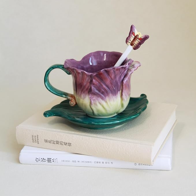 Ceramic Tea Cup and Saucer Set ，6OZ 3D Hand-Painted Flower and Lotus Leaf - Image 2