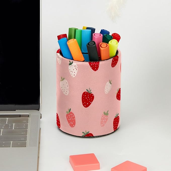 Leather Pen Holder for Desk, Cute Strawberries Print Pencil Cup Pen Organizer - Image 5