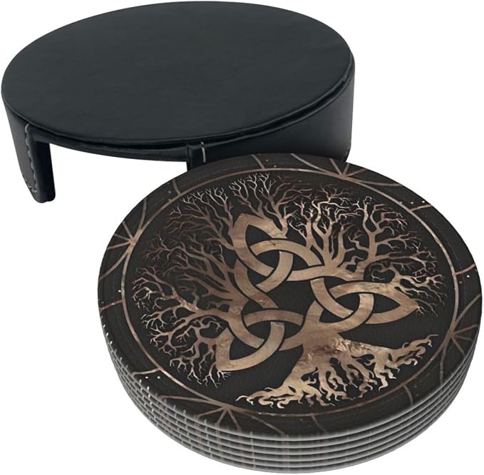Drink Coasters with Holder Stand Set of 6, Tree of Life Copper Pu Leather - Image 9