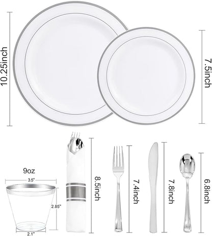 WELLIFE 350Pcs Silver Plastic Plates for 50 Guests - Disposable Dinnerware Set, Christmas Party Supplies Includes 100 Silver plates,150 Silverware,50 Napkins,50 Cups,Christmas Plates Disposable