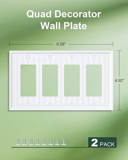 2-Pack Classic Beadboard Quad Decorator Wall Switch Cover, Pure White Decorative Switch Plates and Outlet Covers, Natural Bamboo Fiber 4 Gang Wall Plate for Electrical Outlets, Receptacle, GFCI Outlet