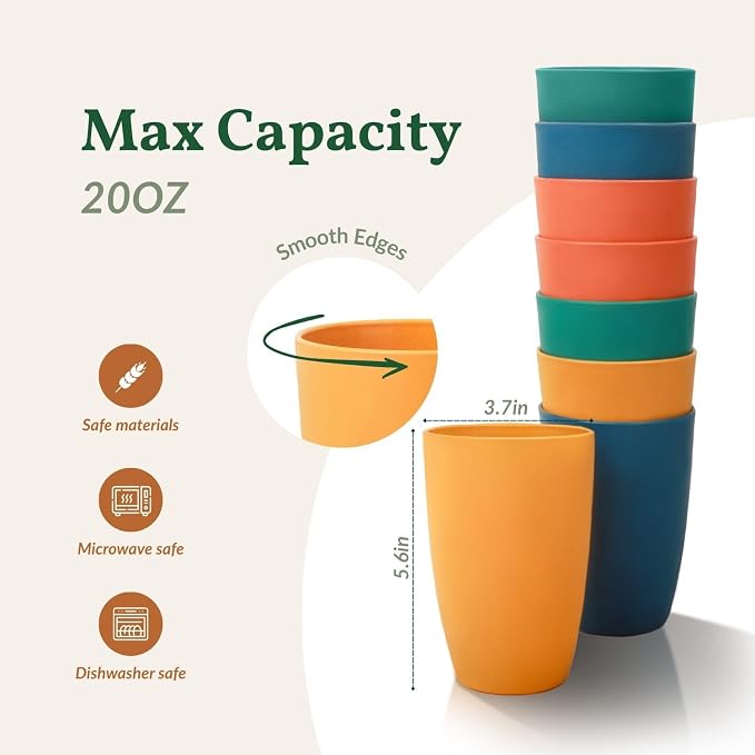 Homienly Plastic Cups Alternative, Unbreakable 20 OZ Wheat Straw Cups-Set of 8 - Image 4