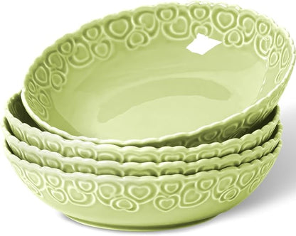 HOMBENE Heartbeat Pasta Bowls Set of 4, 28oz Salad Bowls Soup Bowl for Kitchen, Porcelain Wide and Shallow, Noodle, Soup, Pasta,Dinner, Microwave & Dishwasher Safe (Mint Glow Green)