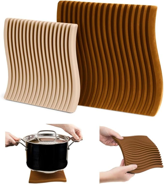 Premium Silicone Trivet Set, Freestanding Bendable Design, Kitchen Decor - Durable & Stylish Heat-Resistant Countertop Protector (Neutral, Set, Wave)