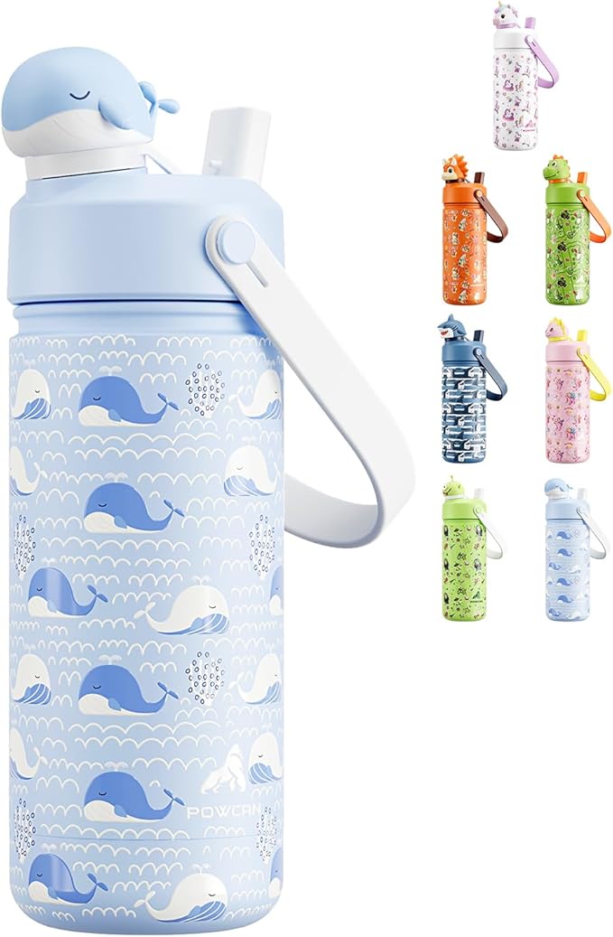 POWCAN 18 oz Kids Water Bottle for School: 2-in-1 Straw Spout Lid by POWCAN