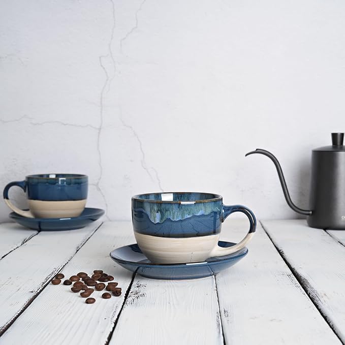 Bosmarlin Ceramic Cappuccino Cup and Saucer Set of 2, 10 Oz, Coffee Cups - Image 4