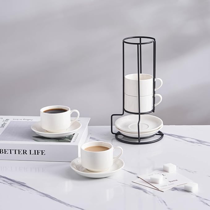 YOLIFE 2.5oz Espresso Cups, Stackable Espresso Cups Set of 4 | Porcelain - Image 3
