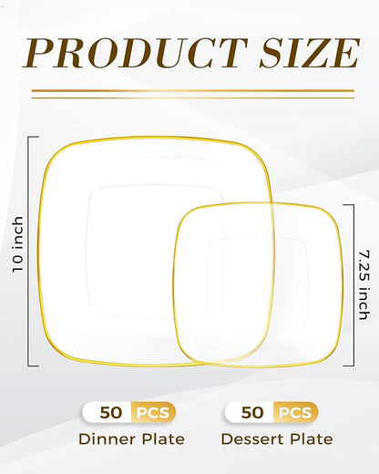 bUCLA 100PCS Clear and Gold Plastic Plates Disposable - Square Gold Heavy Duty - Include 50 Each (Dinner & Dessert) Plates for Party & Thanksgiving