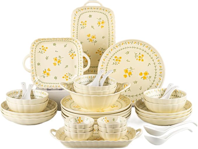 Ceramic Dinnerware Set, Floral Plates and Bowls Sets, Microwave & Dishwasher by FANGJING