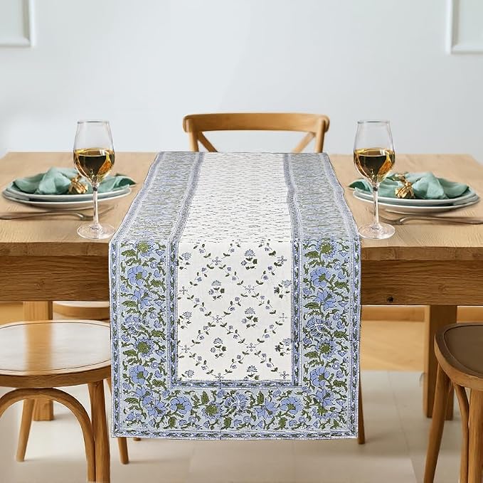 Powder and Pigeon Blue Hand Block Print 100% Cotton Reusable Table Runner 16" X by Ridhi