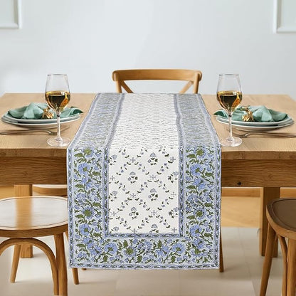 Powder and Pigeon Blue Hand Block Print 100% Cotton Reusable Table Runner 16" X by Ridhi