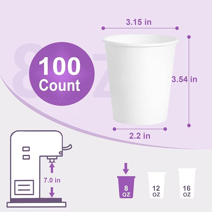8 oz Paper Cups Small Disposable, 100 Pack White Paper Cups - Image 3