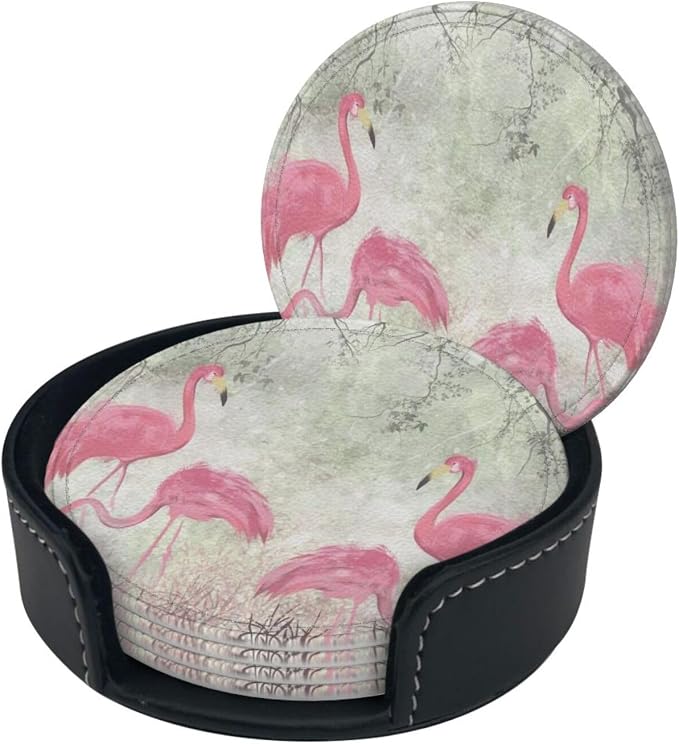 6 Pcs Pink Cute Flamingo Modern Art Boho Leather Coasters - Image 2