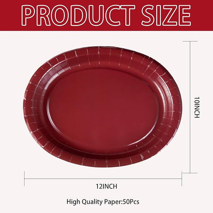 50Pcs Burgundy Oval Paper Plates 10" x 12" Heavy Duty Maroon Wine Dark Red Party Disposable Plates Valentines Day Dessert Platter for Anniversaries Wedding Birthday Holiday Party Supplies Decoration