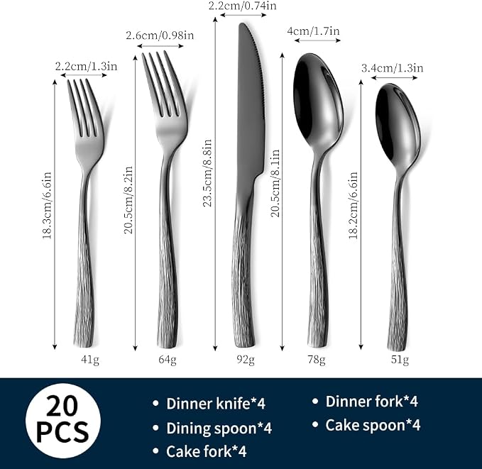 Black Hammered Silverware Set, Heavy Duty Flatware Set, 18/0 Stainless Steel - Image 2