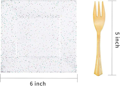 supernal 200pcs Square Plastic Dessert Plates-100pcs Gold Dessert Forks,100pcs 6inch ClearDessert Plates,cocktail plates, Clear Appetizer Plates for Pary Birthday Afternoon tea
