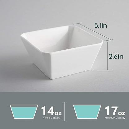Porcelain Cereal Bowls, 16 oz Square Serving Bowls Set, 5 Inch White Ceramic Bowls for Salad, Soup, Snack, Dessert and Marmalade, Dishwasher & Microwave Safe, Set of 6