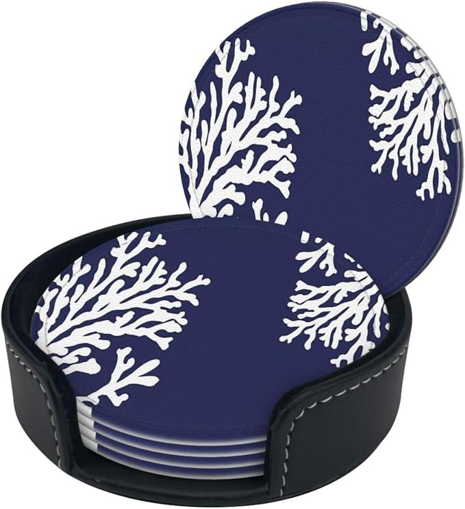 6 Pcs Coral Navy Blue Nautical Coastal Ocean Theme Marine Leather Coasters - Image 3