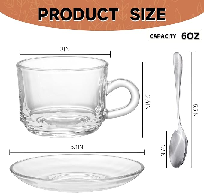 Glass Tea Cups and Saucers Set of 6, Dishwasher & Microwave Safe Teacups - Image 2