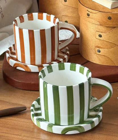 Cup and Saucer Set Hand-Painted Green Stripes, 8 Oz Ceramic Coffee Mug - Image 2
