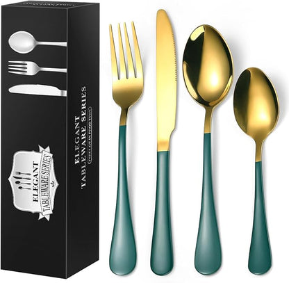 24 Piece Gold & Green Silverware by Unknown