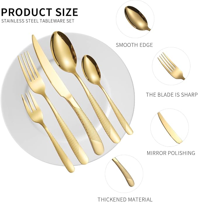 Hammered Silverware Set Gold Modern Stainless Steel Flatware - Image 7
