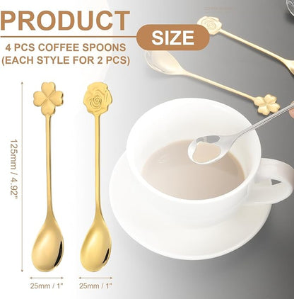 PATIKIL 4pcs Coffee Spoons, Rose/Four Leaf Grass Tea Spoons 304 Stainless Steel - Image 2