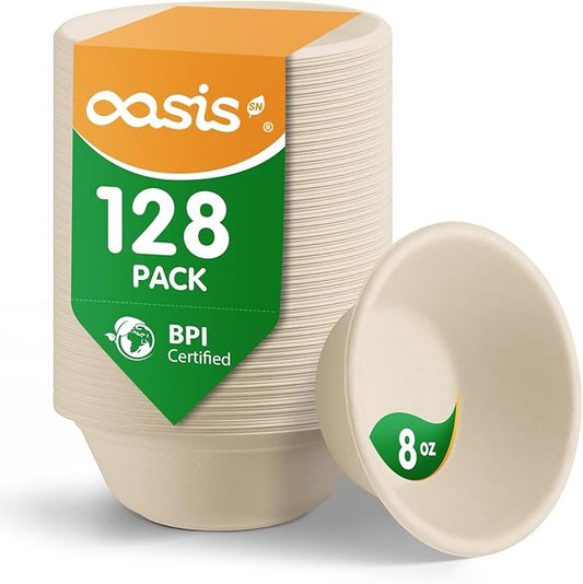 𝟴 𝗼𝘇, 𝟭𝟮𝟴-𝗣𝗮𝗰𝗸 Compostable Paper Bowls, Heavy-Duty Biodegradable Disposable Bowls Made from Bagasse, Eco-Friendly, Microwave & Freezer Safe (Natural)