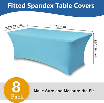 Stretch Table Cover for 6 Foot Tables-8 Pack Light Blue Spandex Fitted Tablecloth-Elastic 6ft Folding Tablecloths for Party, Vendor Booth Display, Banquet Buffet Event, Craft Trade Show