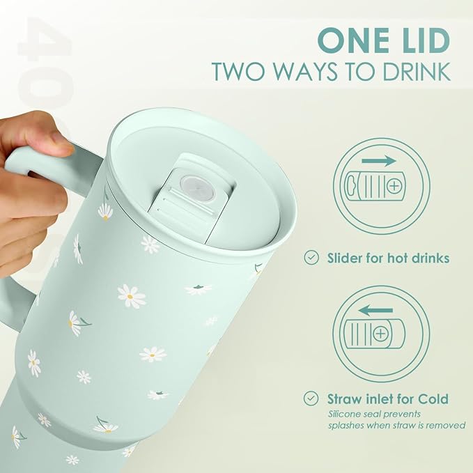 Daisy 40oz Tumbler with Handle and Straw – Flower Insulated Stainless Steel - Image 4