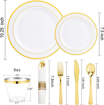 WELLIFE 700 Pcs Gold Plastic Plates for 100 Guests - Disposable Dinnerware Set,Party Supplies Includes 200 Gold Plates,300 Plastic Silverware,100 Napkins,100 Cups for Party and Wedding