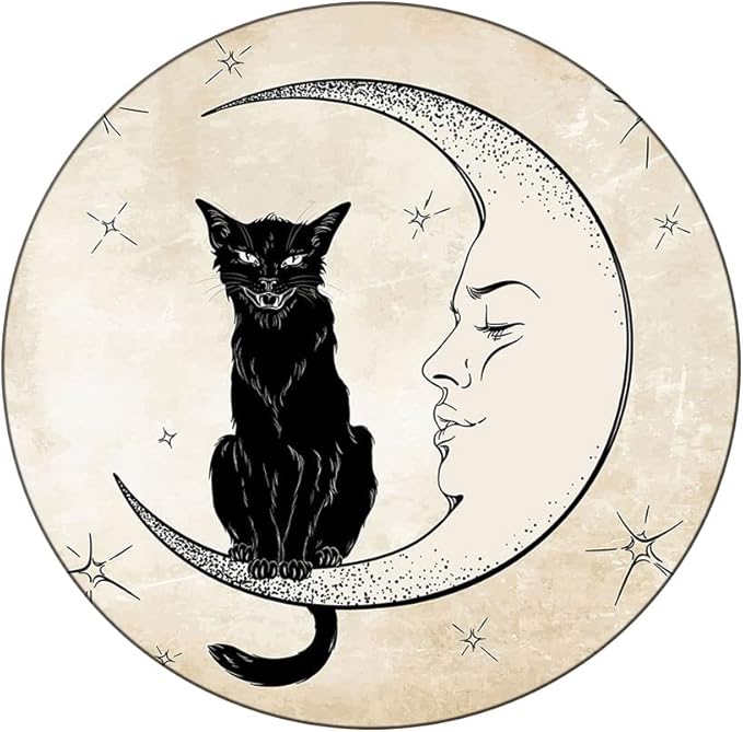 Round Edge Closing Tablecloth, Moon Elastic Edged Tablecloth, Black Cat Sitting on White Crescent Moon, Fit Round Tables 39inch Diameter, for Dining Room/Party/Banquet Decoration, Sand Brown Black
