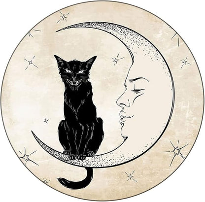 Polyester Tablecloth, Moon Waterproof Oil-Proof PVC Table Cloth, Black Cat Sitting on White Crescent Moon, Fit Round Tables 28inch Diameter, for Xmas/Parties/Home, Sand Brown Black