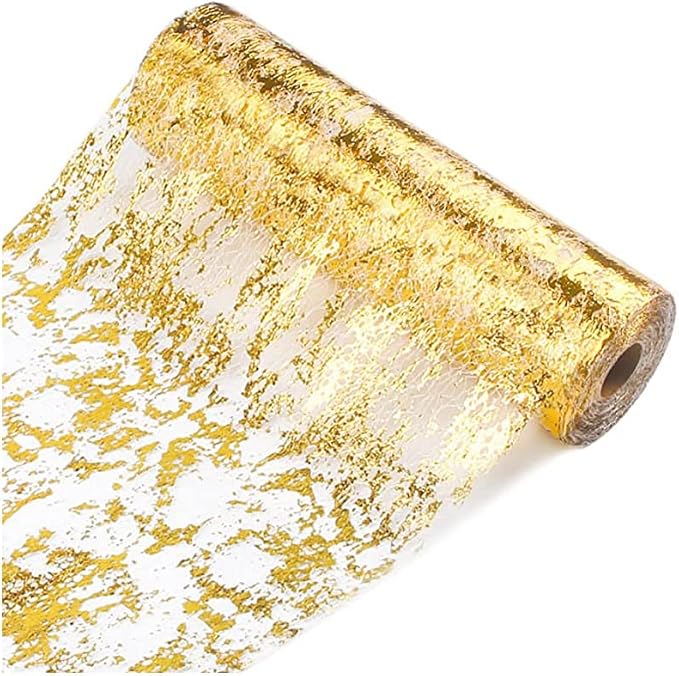 Gold Table Runner 11 Inch x 100 Feet Inches, Glitter Metallic Mesh Gold Runner by Sunlunckystar